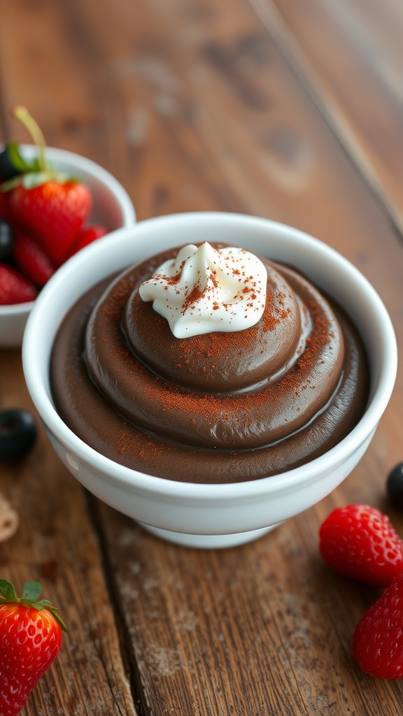 Decadent chocolate mousse in a bowl topped with whipped cream and berries on a wooden table.
